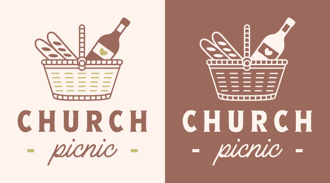 Church picnic after Sunday service lunch Christian summer party old fashioned event for family girls kids. Bread and wine in basket cute vintage brown aesthetic sticker shirt design card poster print.