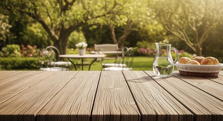 Fototapeta premium Wooden deck table with fresh bread and water pitcher overlooking lush garden with green trees and flowering plants. Perfect for outdoor entertaining and garden design inspiration.
