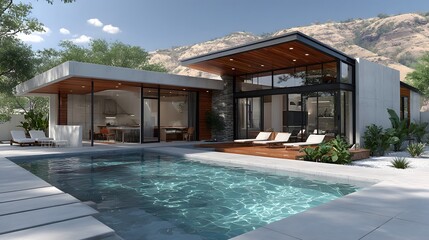 Fototapeta premium Contemporary house plan with garden lounge, indoor outdoor blend