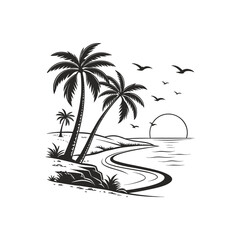 Obraz premium Stylized Black and White Tropical Beach Scene with Palm Trees, Winding Path, and Ocean Sunset
