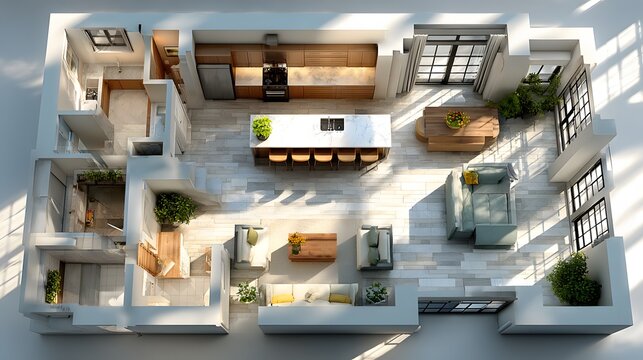 3D render floor plan with sunlight shadows, realistic lighting