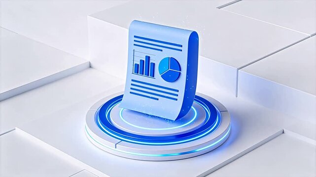 Blue document icon with charts on circular platform