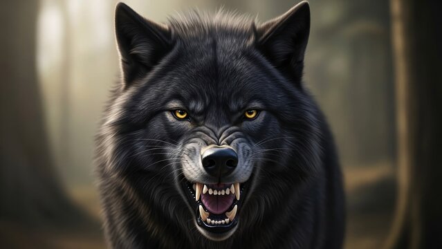 Intense Black Wolf in Forest with Fierce Expression and Bared Teeth for Wildlife Nature Adventure and Predator Wildlife Photography