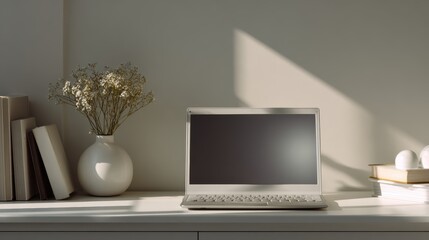 Fototapeta premium Minimalist Workspace with Laptop and Decorative Elements in Sunlight