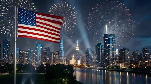 American flag waving over a vibrant city skyline at night with spectacular fireworks illuminating the sky, reflecting in the water below.