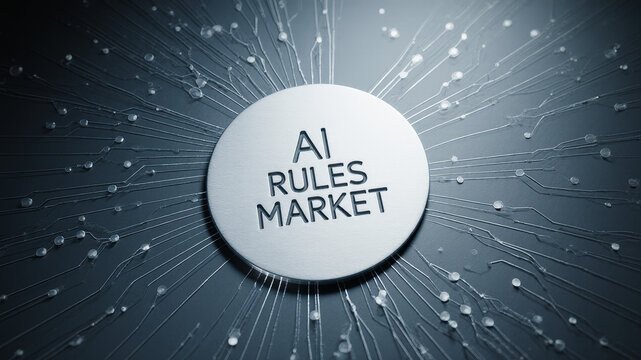 Minimal sphere labeled AI rules market symbolizing influence of artificial intelligence on financial systems trading and economic decision making processes