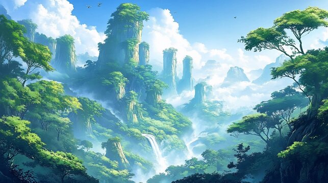 Lush jungle valley, misty mountains, waterfalls, birds, fantasy landscape, game background
