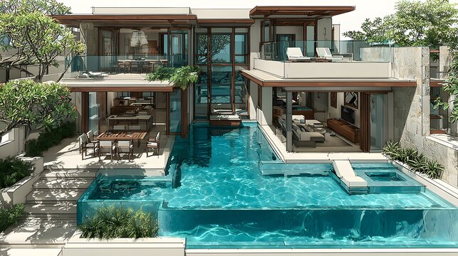 Beach villa floor plan with infinity edge pool and sun lounge