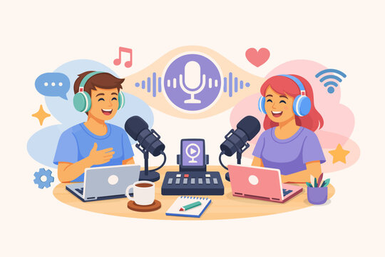 Illustration of two happy people recording a podcast together with microphones and laptops, symbolizing communication and connection