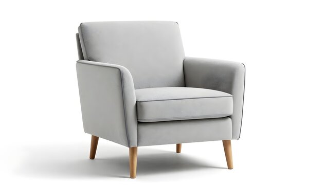 Modern light gray armchair with wooden legs and subtle piping detail on white background