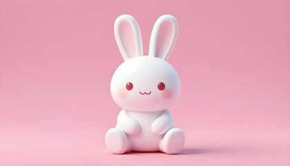 Obraz premium Cute 3D white bunny with red cheeks sitting on a pink background