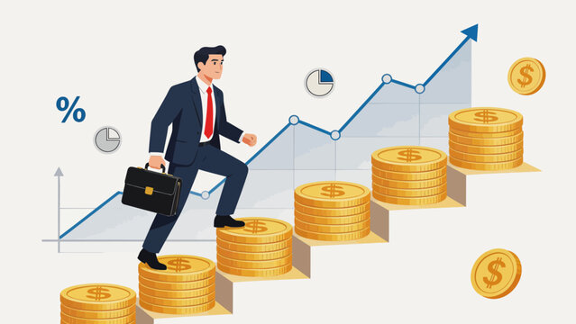 Businessman climbing steps of coins