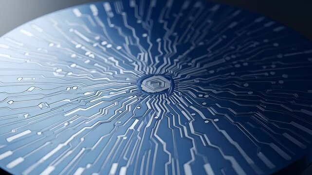 Close-Up of a Futuristic Blue Circuit Board With Hexagonal Center, Technology Concept