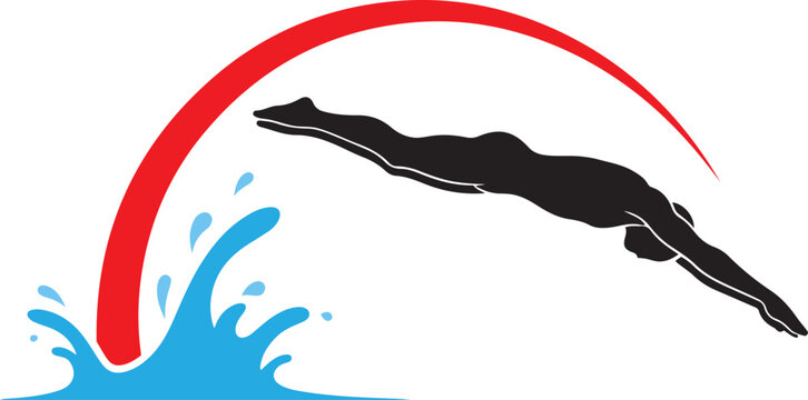 Silhouette swimmer diving into water with red arch during competition