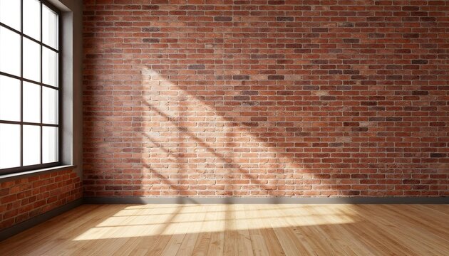 Empty loft interior with exposed brick wall and large window casting sunlight shadows