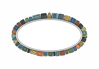 Naklejka premium Vector oval frame with colorful abstract geometric shapes and doodle-style elements reminiscent of a rabbit's playful nature