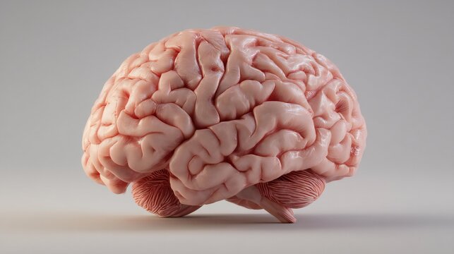 Detailed 3D rendering of a human brain with visible gyri and sulci on a plain background