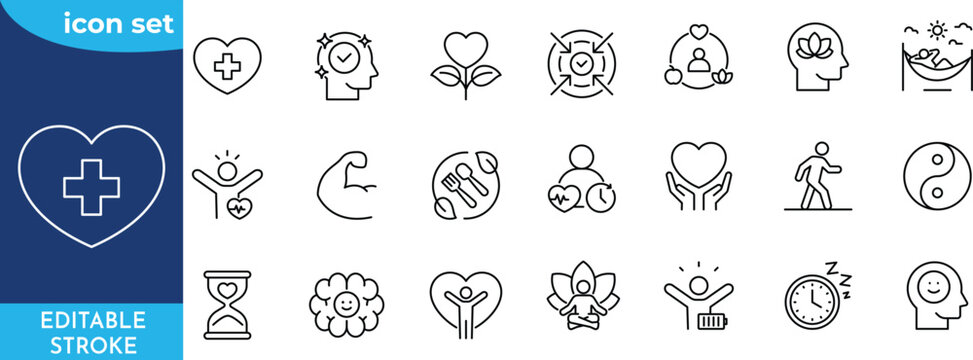 Durability 21 icon set. Editable stroke.