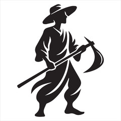 Fototapeta premium black silhouette farmer holding traditional hoe on farmland