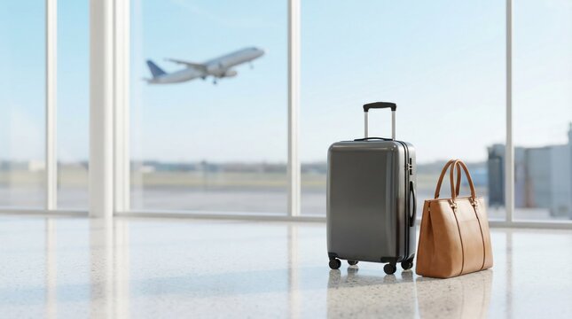Gray rolling suitcase and tan leather handbag standing on a polished airport terminal floor with an airplane taking off in the background