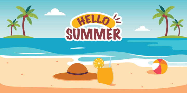 Hello Summer Tropical Beach Illustration
