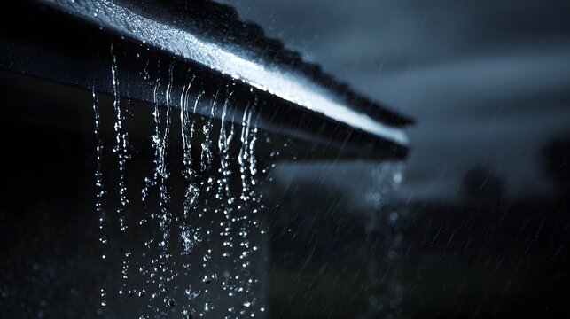 Close-up of rainwater dripping from roof edge.