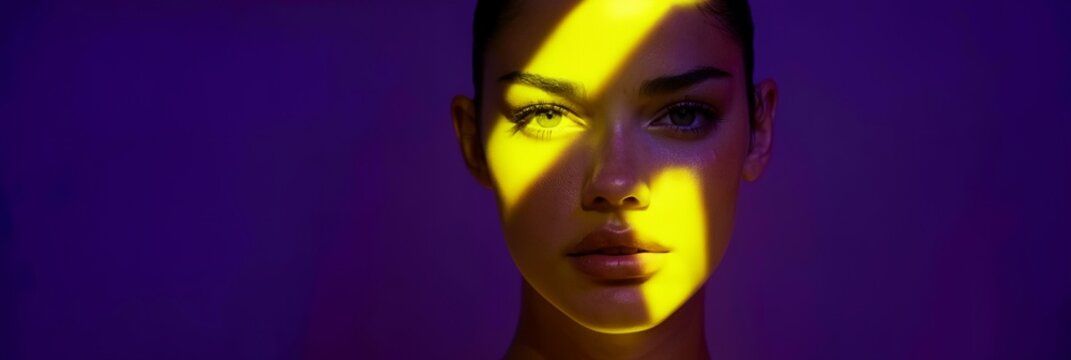 Close-up portrait of female model under stylized neon lights