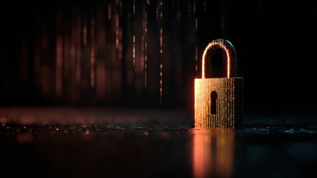 Glowing Padlock Symbolizing Password Security in Dark Setting With Binary Code Rain Effect for Cyber Protection