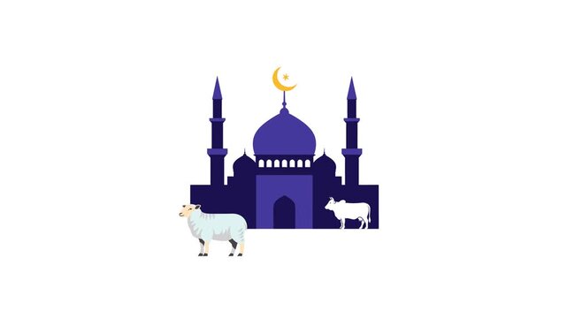 Animated motion graphics vector icon showing a mosque with two sacrificial animals in the form of a cow and a sheep, suitable for Eid al-Adha event design.