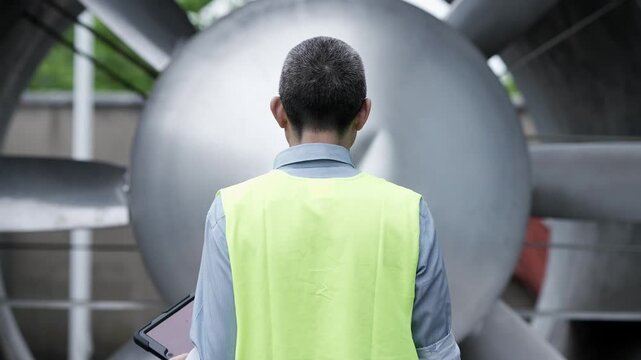 A male technician in a fluorescent yellow vest holds a tablet while inspecting a large industrial fan from behind