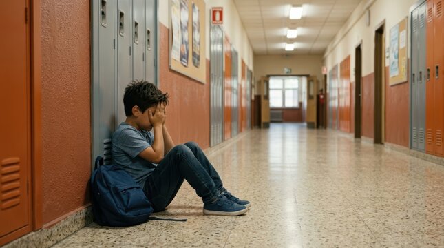 Young boy sitting alone in a school hallway, covering his face in distress