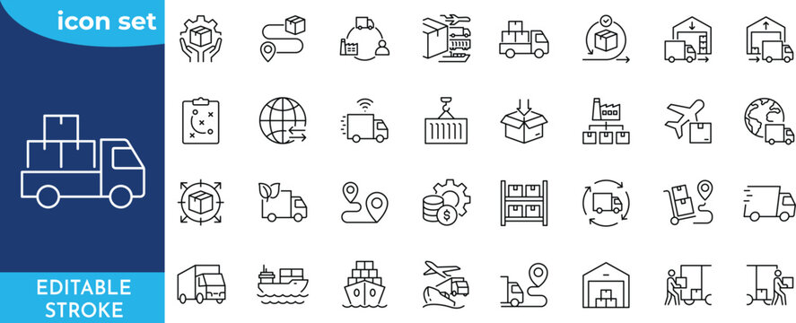 Logistics line editable icon set. Editable stroke. Contain icons related to Shipping, delivery, distribution, cargo, supply chain, freight, export, import, and more.