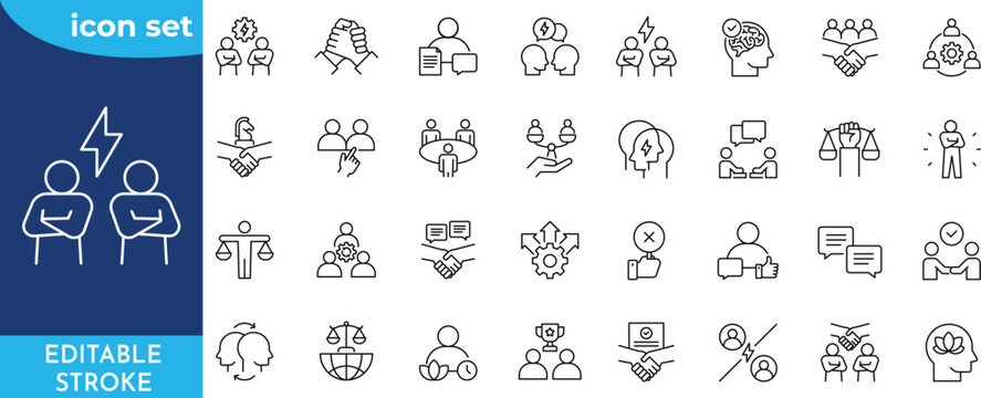 Conflict Management icon set.  Editable stroke. Containing, conflict, management, negotiation, resolution, mediation, assertiveness, and more.