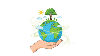 Fototapeta premium Human hand supporting a green earth globe with trees sun and clouds illustrates global environmental care and reforestation.