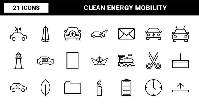 Electric car and green energy minimalist line icons