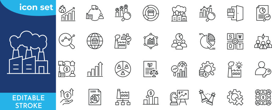 Industry analysis icon set. editable stroke. Contain icons related to industry, strategy, competitor, trends, swot, market share, cand more.