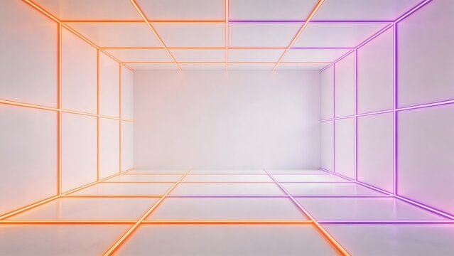 Empty room with neon grid lighting