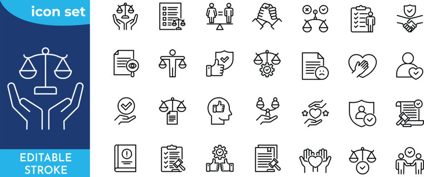 Ethic line editable icon set. Editable stroke. Containing integrity, trust, values, responsibility, honesty, fairness, respect, transparency, icon set.