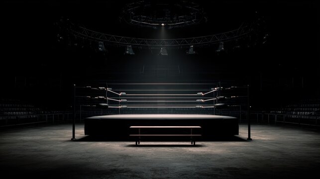 Dark and Empty Boxing Ring in an Abandoned Arena with Spotlight