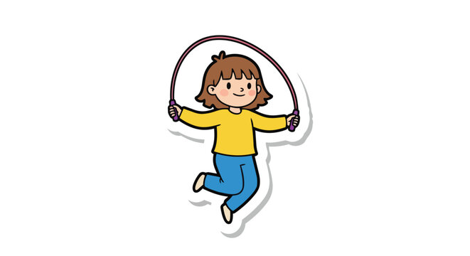 Cartoon girl jumping rope isolated on white background