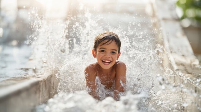Young boy splashing down water flume at outdoor pool area
