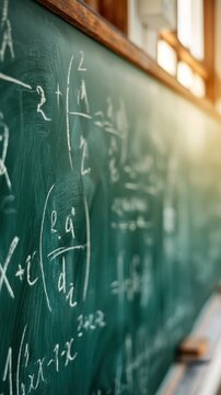 Chalkboard showing handwritten math with sunlight in hallway