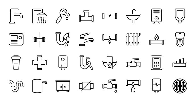Minimalist plumbing and pipe fitting line icon set