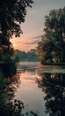 Obraz premium Serene River Landscape at Dawn with Reflections of Trees