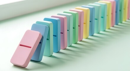 Fototapeta premium A line of oversized pastel foam dominoes arranged in a row on a light colored surface, showcasing a playful and educational arrangement.