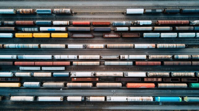 Aerial View of Colorful Freight Train Cars on Rail Yard