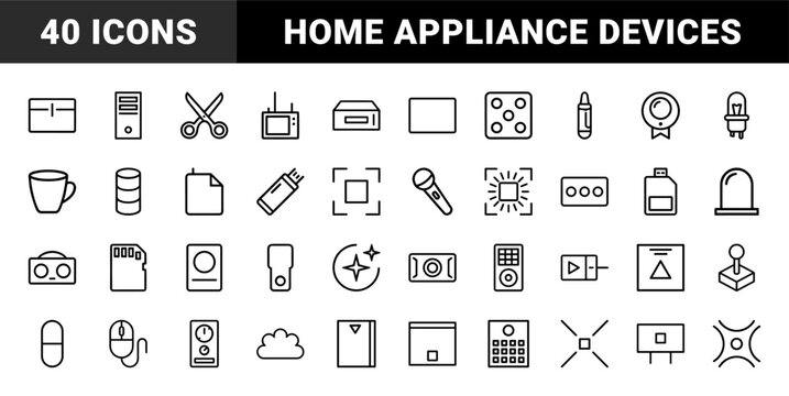 Consumer electronics and household appliance icon set in flat design.