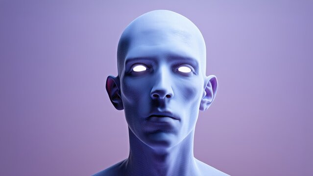 Portrait futuriste d'un &ecirc;tre humano&iuml;de aux yeux lumineux sur fond violet