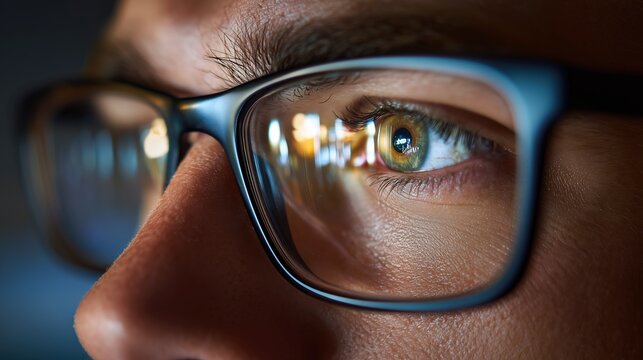 Gros plan sur un &Aring;&ldquo;il derri&egrave;re des lunettes avec reflets lumineux