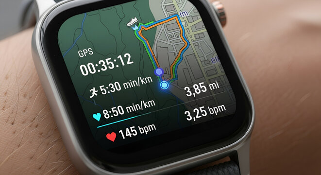 Close up of a smartwatch on a wrist showing a fitness tracking app with GPS map running data and heart rate monitor